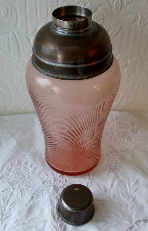 Vintage English Wrythen Pink Glass Cocktail Shaker