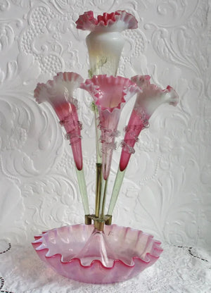 Antique English Victorian Pink Vaseline Glass Epergne