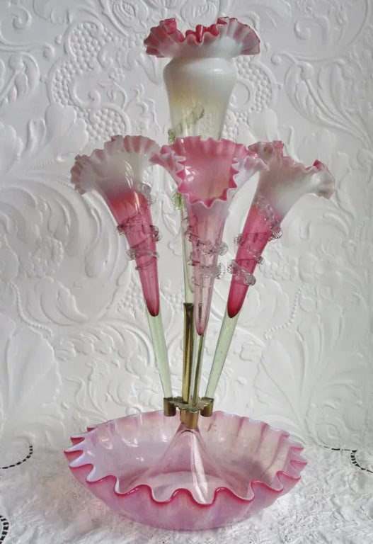 Antique English Victorian Pink Vaseline Glass Epergne