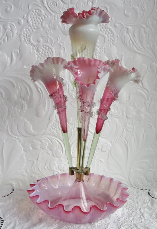 Antique English Victorian Pink Vaseline Glass Epergne