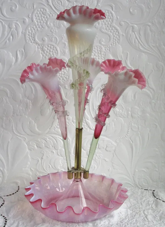 Antique English Victorian Pink Vaseline Glass Epergne
