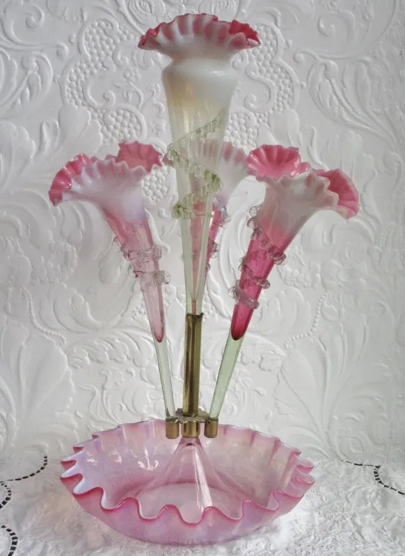 Antique English Victorian Pink Vaseline Glass Epergne