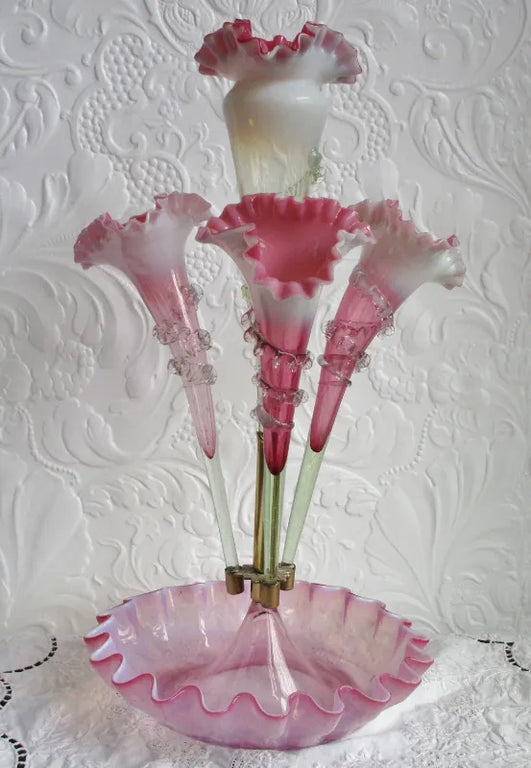 Antique English Victorian Pink Vaseline Glass Epergne