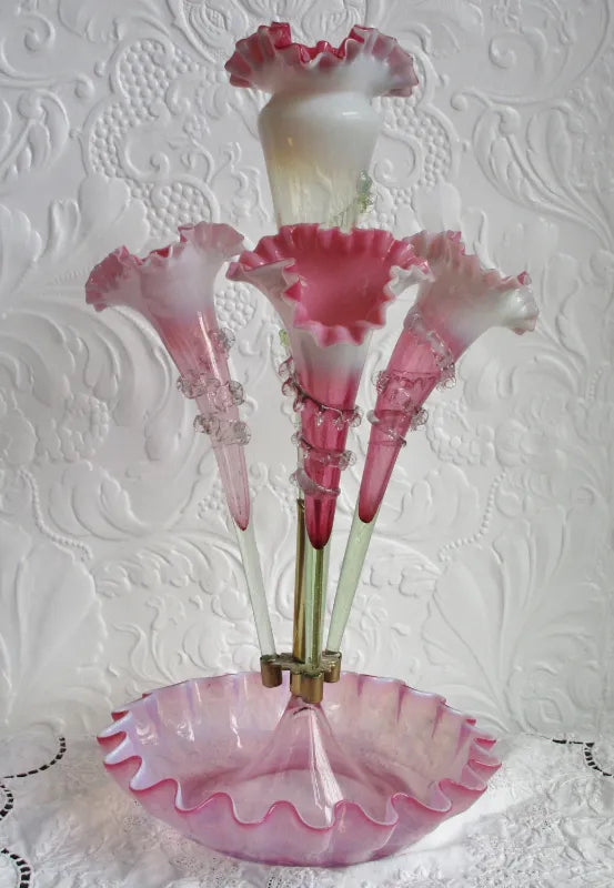 Antique English Victorian Pink Vaseline Glass Epergne