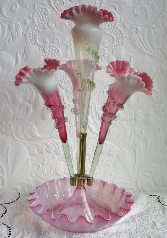 Antique English Victorian Pink Vaseline Glass Epergne