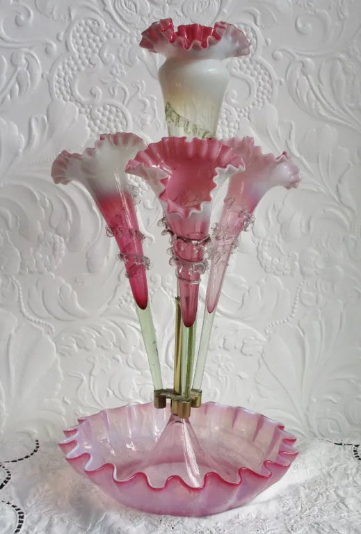 Antique English Victorian Pink Vaseline Glass Epergne