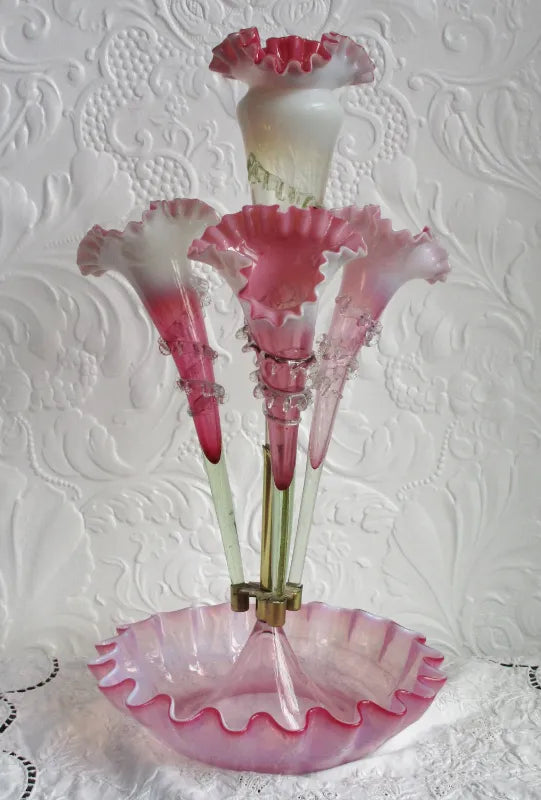 Antique English Victorian Pink Vaseline Glass Epergne