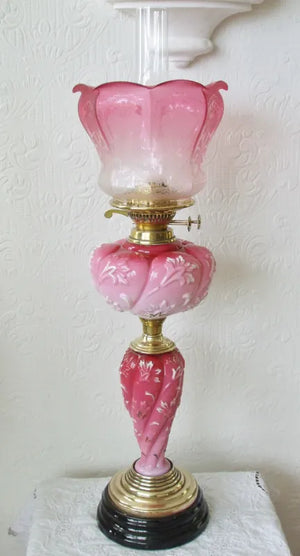 Antique English Victorian Pink Wrythen Glass Column Oil Lamp