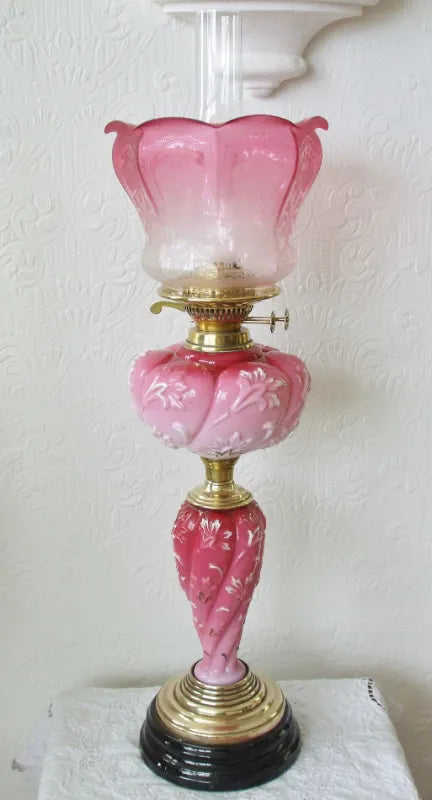 Antique English Victorian Pink Wrythen Glass Column Oil Lamp