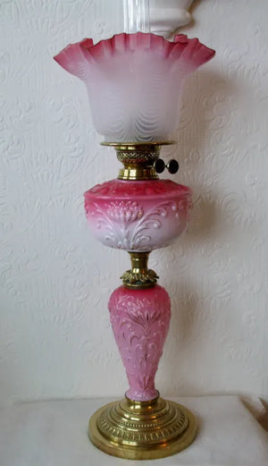 Victorian Pink Wrythen Glass Column Oil Lamp