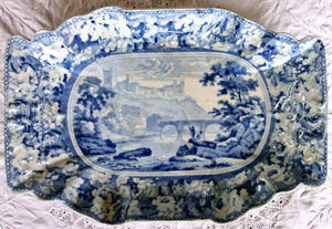 Antique Georgian Blue & White Transfer Asparagus Dish "Richmond, Yorkshire"