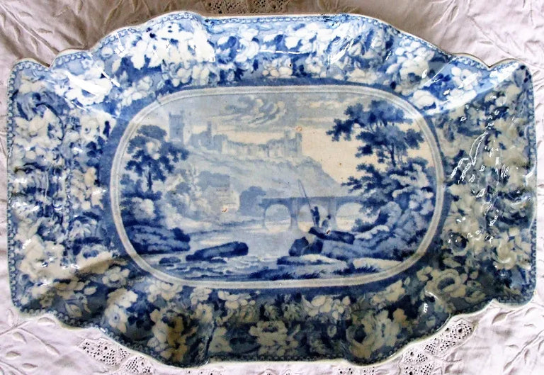 Antique Georgian Blue & White Transfer Asparagus Dish 