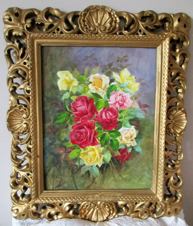 Roses in Gesso Frame ~ Watercolour ~ Reg Johnson ~ c. 1985