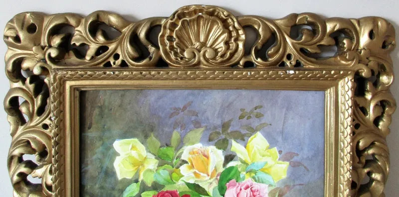 Roses in Gesso Frame ~ Watercolour ~ Reg Johnson ~ c. 1985