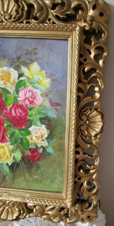 Roses in Gesso Frame ~ Watercolour ~ Reg Johnson ~ c. 1985
