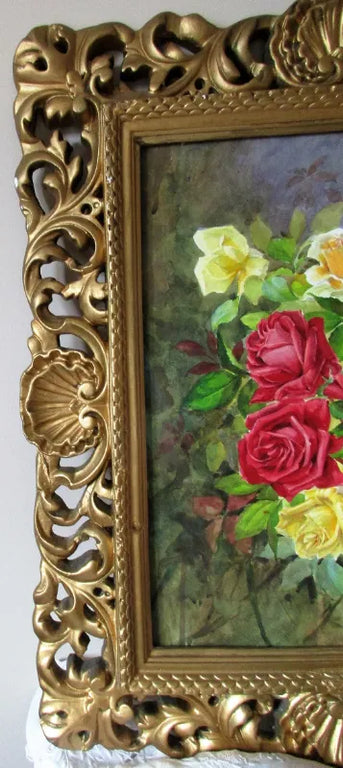 Roses in Gesso Frame ~ Watercolour ~ Reg Johnson ~ c. 1985