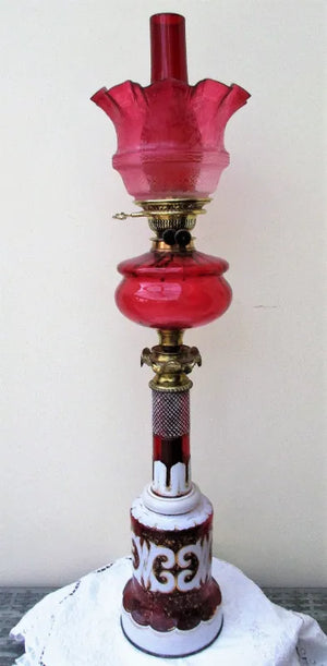 Victorian Ruby and Cranberry Glass Banqueting Oil Lamp