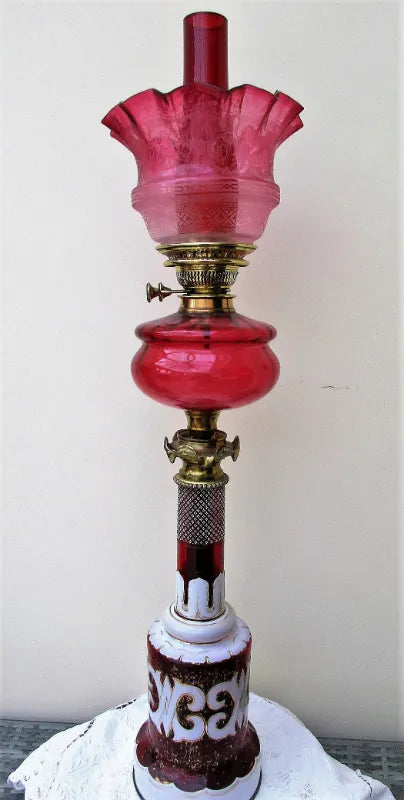 Victorian Ruby and Cranberry Glass Banqueting Oil Lamp