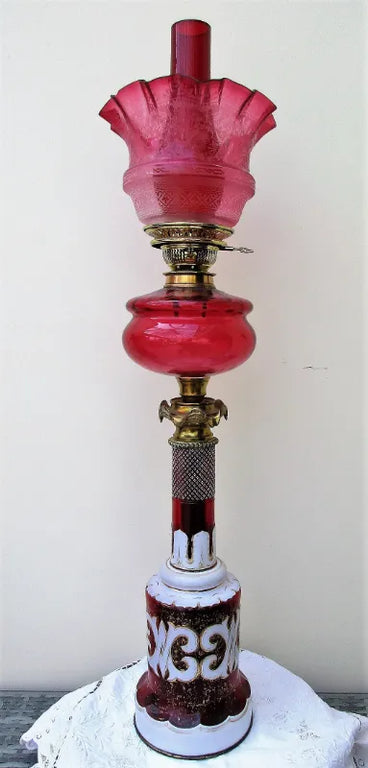 Victorian Ruby and Cranberry Glass Banqueting Oil Lamp
