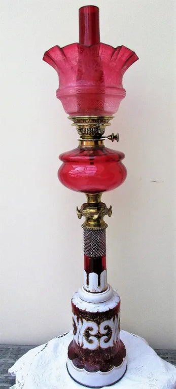 Victorian Ruby and Cranberry Glass Banqueting Oil Lamp