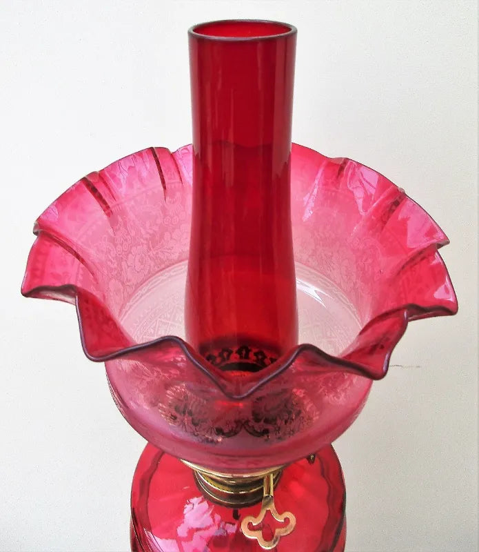 Victorian Ruby and Cranberry Glass Banqueting Oil Lamp