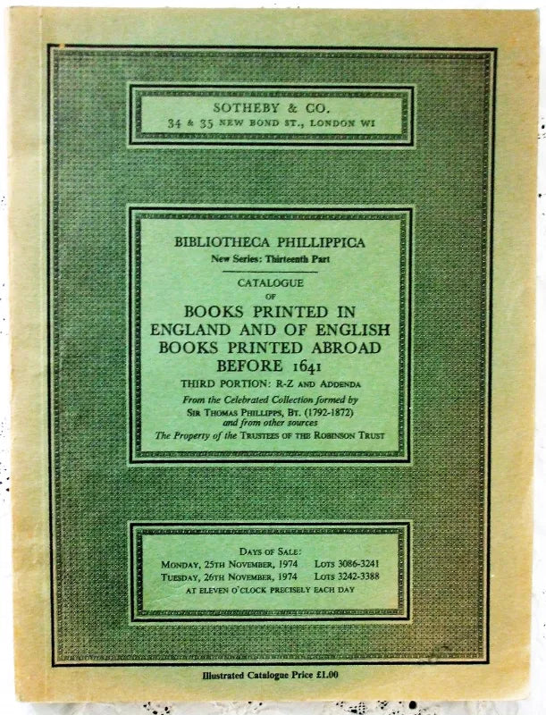 Sotheby's ~ Bibliotheca Phillippica ~ London ~ 25. - 26. 11. 1974