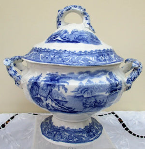 Antique Victorian Blue & White Transfer Sauce Tureen, Cover & Stand