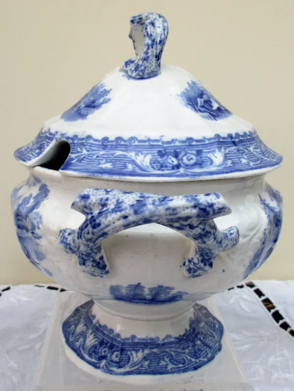Victorian Blue & White Transfer Sauce Tureen, Cover & Stand