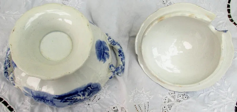 Victorian Blue & White Transfer Sauce Tureen, Cover & Stand