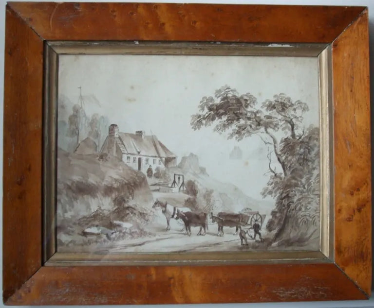 Georgian Maple Framed Sepia Wash Watercolour ~ Sidmouth ~ Devon