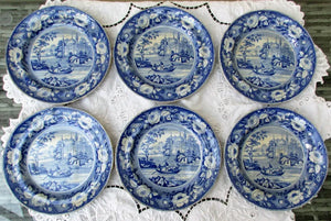 6 Georgian Davenport Blue & White "Mosque and Fishermen"  Plates