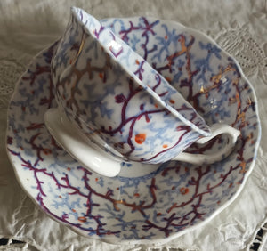 Antique Victorian Gaudy Welsh "Snowflake" Pattern Tea Cup & Saucer