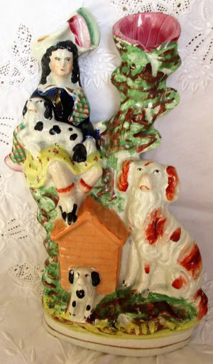 Victorian Staffordshire Figure ~ "Boy with Kennel & Dogs"