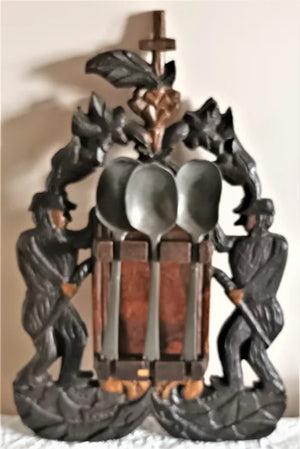 Antique English Georgian Oak Spoon Rack with 3 Pewter Trefid Spoons