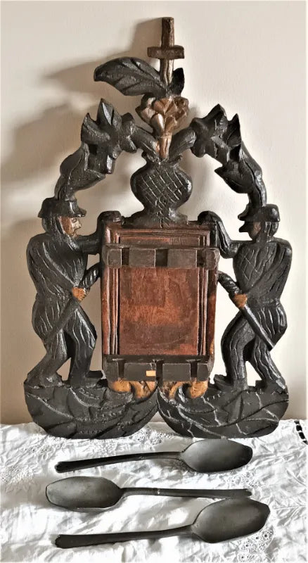 Antique English Georgian Oak Spoon Rack with 3 Pewter Trefid Spoons