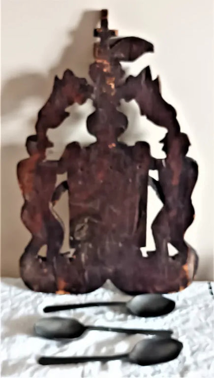 Antique English Georgian Oak Spoon Rack with 3 Pewter Trefid Spoons
