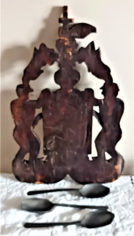 Antique English Georgian Oak Spoon Rack with 3 Pewter Trefid Spoons
