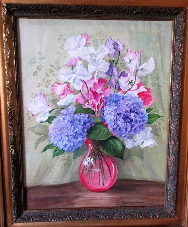 Sweet Peas & Hydrangeas ~ Watercolour ~ Reg Johnson ~ c. 1985