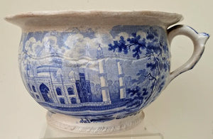 Antique Georgian Blue & White Transfer Parrot Border Chamber Pot ~ Tomb of the Emperor Shah Jehan