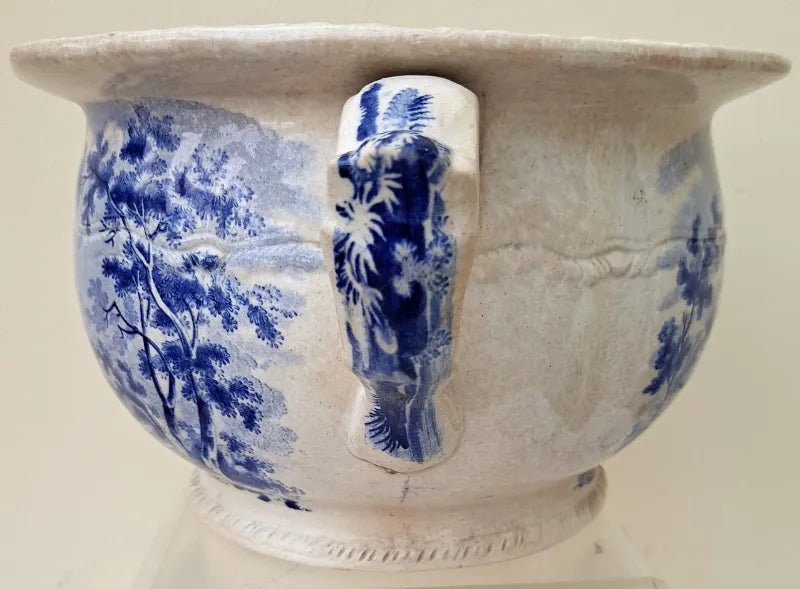 Antique Georgian Blue & White Transfer Parrot Border Chamber Pot ~ Tomb of the Emperor Shah Jehan