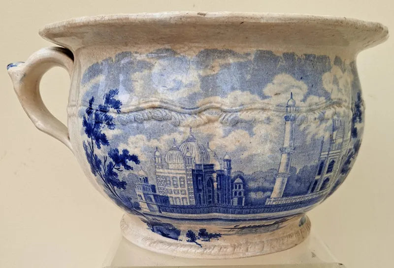 Antique Georgian Blue & White Transfer Parrot Border Chamber Pot ~ Tomb of the Emperor Shah Jehan