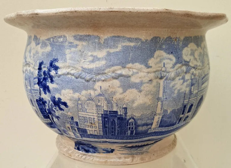 Antique Georgian Blue & White Transfer Parrot Border Chamber Pot ~ Tomb of the Emperor Shah Jehan