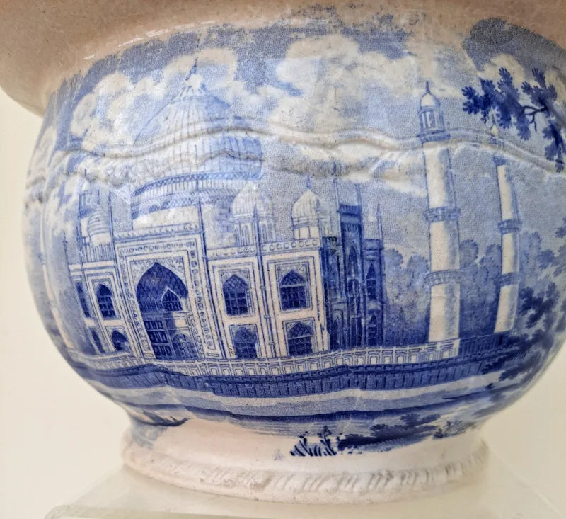 Antique Georgian Blue & White Transfer Parrot Border Chamber Pot ~ Tomb of the Emperor Shah Jehan