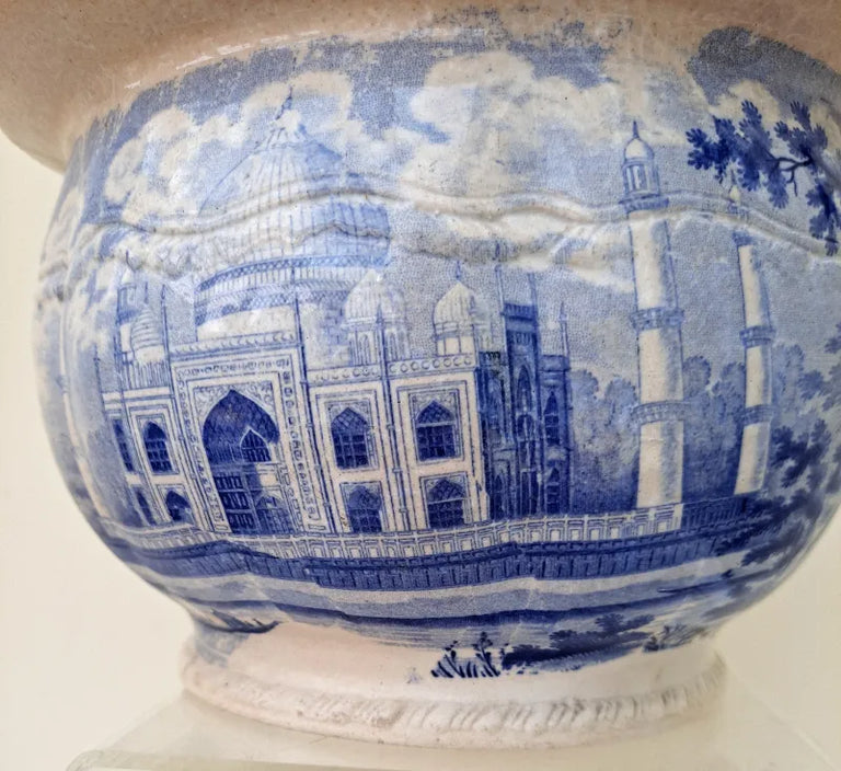 Antique Georgian Blue & White Transfer Parrot Border Chamber Pot ~ Tomb of the Emperor Shah Jehan