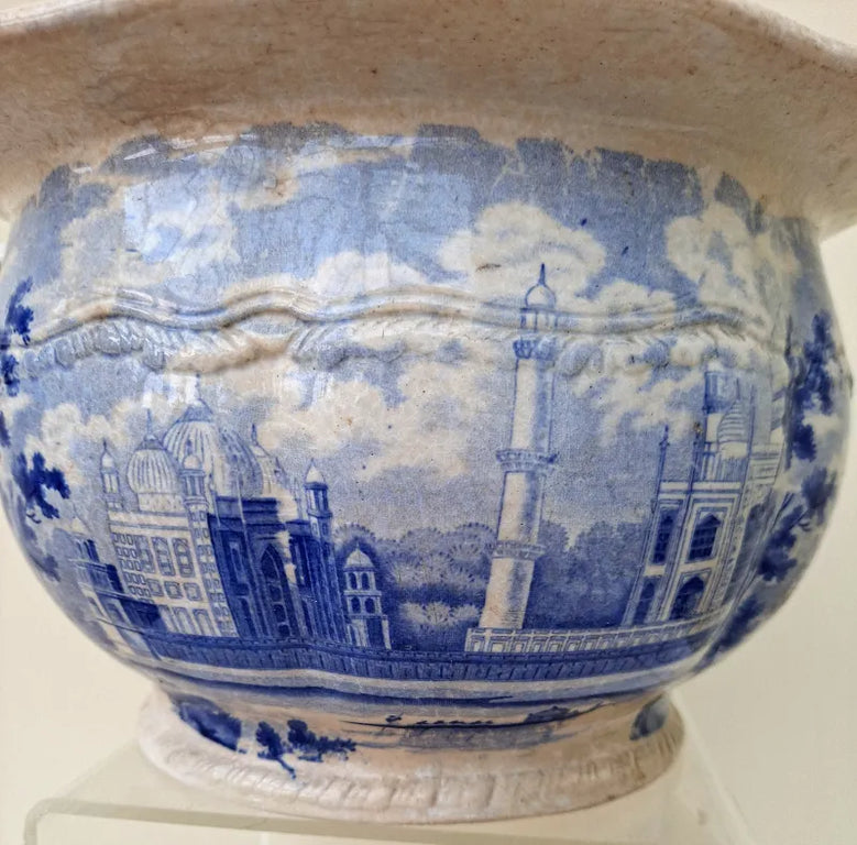 Antique Georgian Blue & White Transfer Parrot Border Chamber Pot ~ Tomb of the Emperor Shah Jehan
