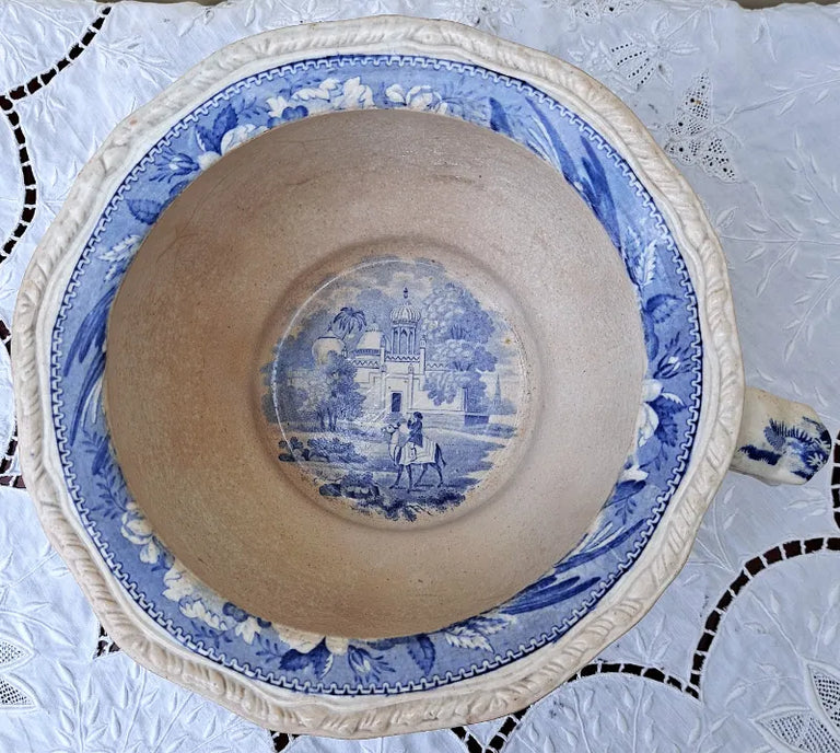Antique Georgian Blue & White Transfer Parrot Border Chamber Pot ~ Tomb of the Emperor Shah Jehan