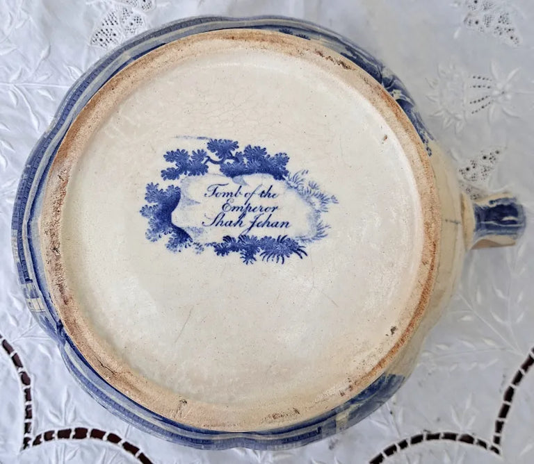 Antique Georgian Blue & White Transfer Parrot Border Chamber Pot ~ Tomb of the Emperor Shah Jehan