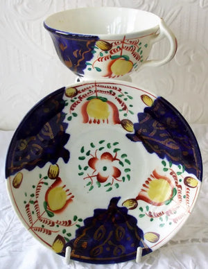 Antique Victorian Gaudy Welsh "Tulip" Pattern Tea Cup & Saucer