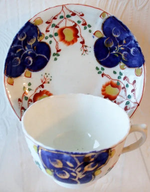 Antique Victorian Gaudy Welsh "Tulip" Pattern Tea Cup & Saucer