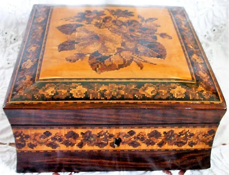Antique English Victorian Tunbridge Ware Handkerchief Box